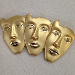 Vintage Brooch Three Faces Trio Mask Two-tone Goldtone Modern Art Statement 3.5"